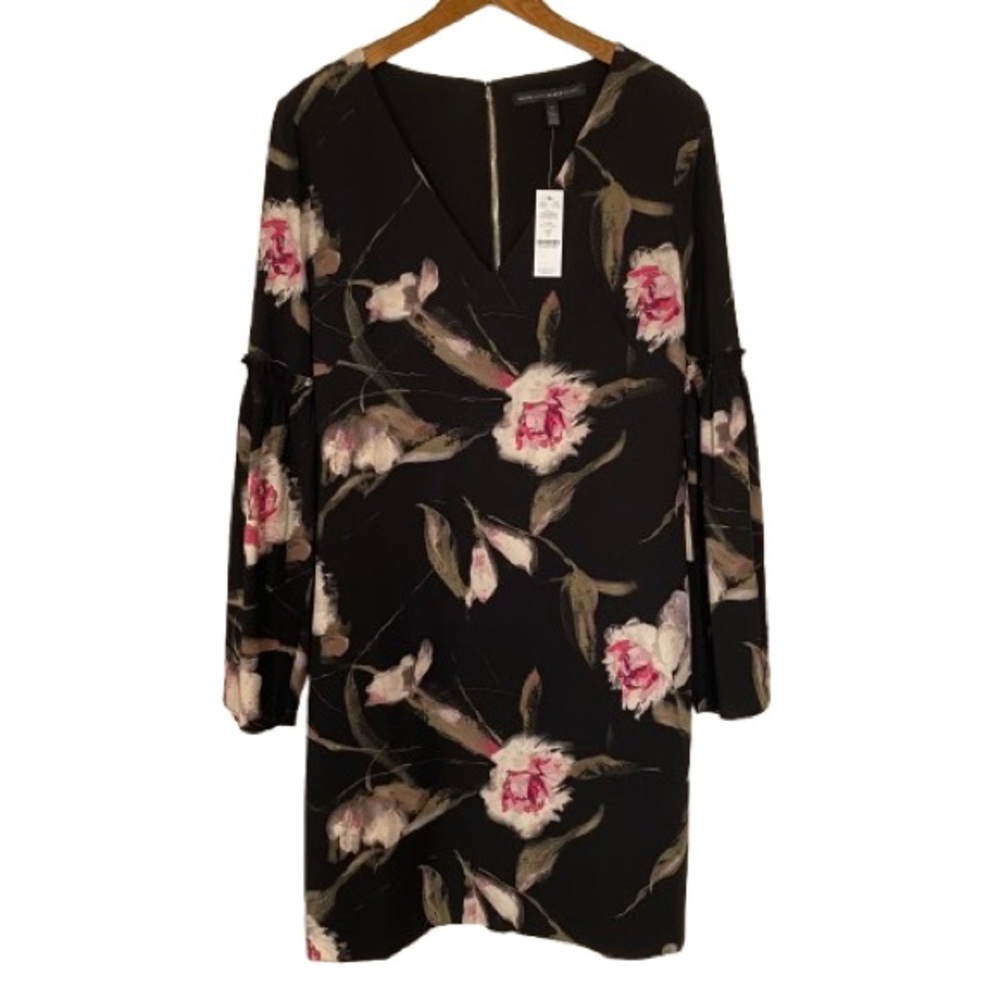 White House Black Market Women’s Floral Black Dress Size 8 Bell Sleeves NWT